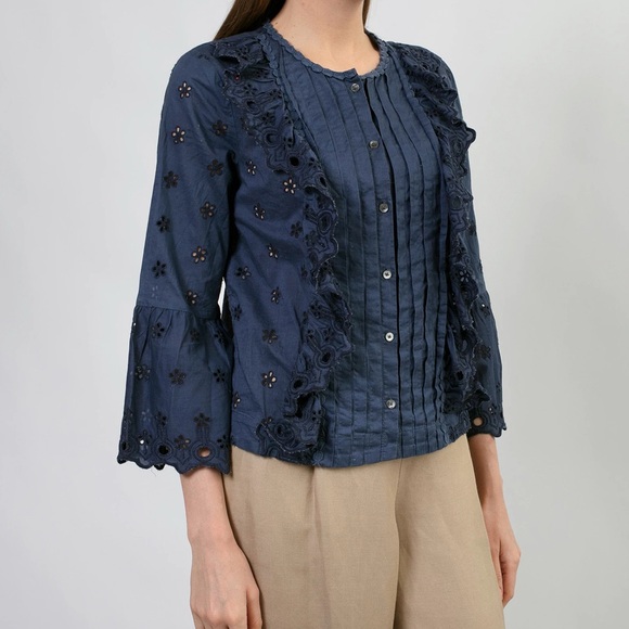 J. Crew Tops - J. Crew Eyelet Lace Ruffle Bell Sleeve Blouse Size 12 Navy Blue Boho Romantic